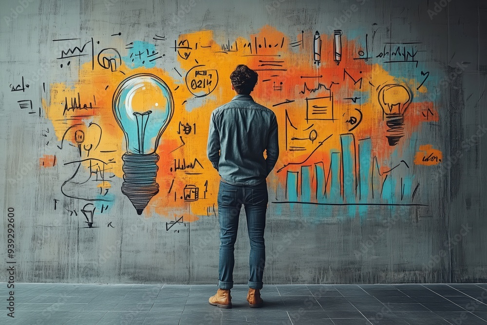 Wall mural basic drawing of an entrepreneur presenting a product idea, [innovation], [pitching strategy], no lo
