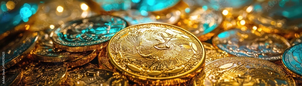 Poster a stunning collection of gleaming gold coins piled together, reflecting light and creating a beautif