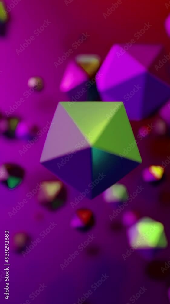 Poster rotating geometric polygons. design. spinning stream with geometric 3d polygons. molecular flow in f