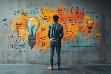 Basic drawing of an entrepreneur presenting a product idea, [Innovation], [Pitching Strategy], No logo, No Trademark, No text, minimal concept with copy space for stock photo