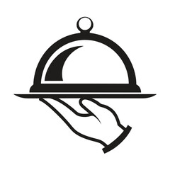 Fototapeta premium Simple vector logo of a hand holding an open platter with food, featuring smoke rising above, set against a white background