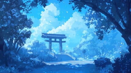 Serene Pathway Through Torii Gate Amid Blossoming Trees in Blue