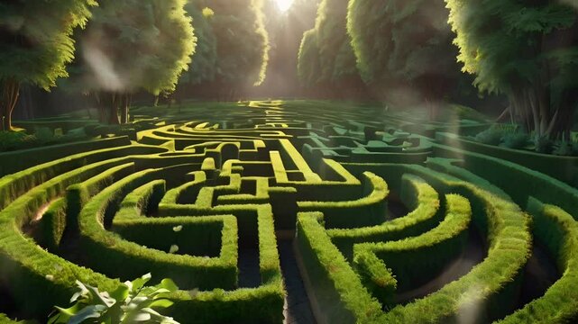 A labyrinth garden made of plants, aerial view in the morning. Seamless 4K looping timelapse video animation background