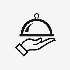 Fototapeta premium Simple vector logo of a hand holding an open platter with food, featuring smoke rising above, set against a white background