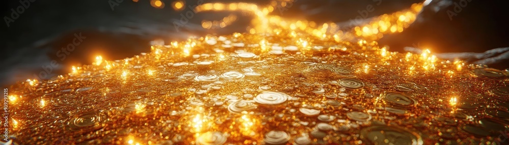 Poster a captivating close-up of shimmering golden coins illuminated by soft light, creating an enchanting 