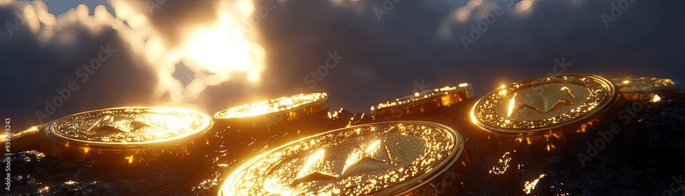 Poster captivating close-up of shining coins illuminated by sunset, creating a stunning visual of wealth an