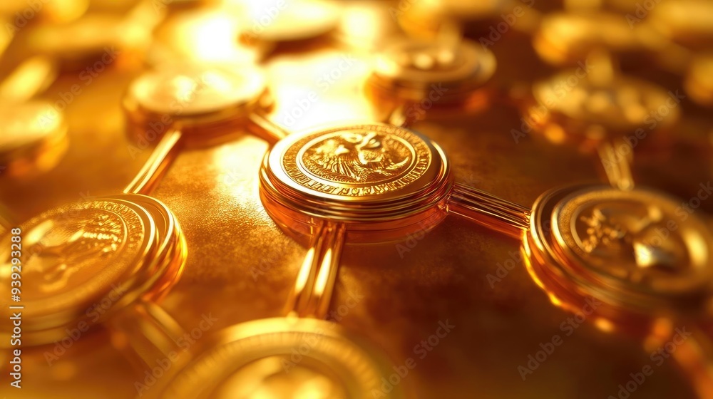 Poster close-up of shimmering gold coins arranged in a pattern, reflecting light and creating an elegant an