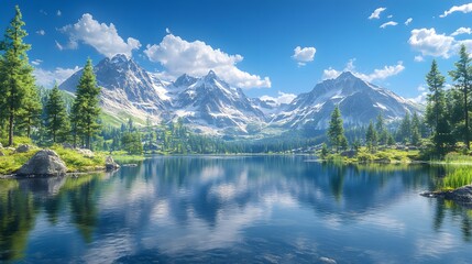 Fototapeta premium Crystal clear mountain lake, mirror reflection of peaks, lush green pine trees, bright summer day, vibrant blue sky, serene and peaceful, photorealistic rendering, nature's splendor.