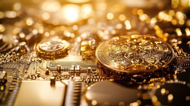 A close-up view of shimmering cryptocurrency coins on a circuit board, symbolizing digital wealth and modern technology.