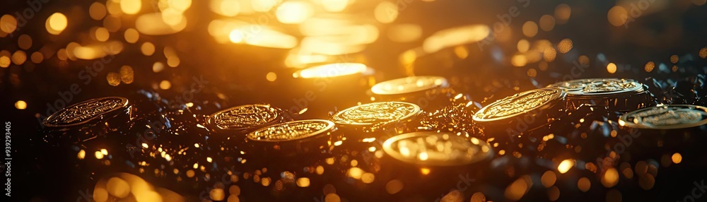Poster close-up of shimmering coins reflecting warm light, creating a rich and inviting atmosphere perfect 
