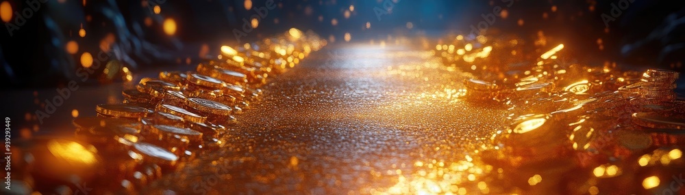 Poster a shimmering surface reflecting warm golden light, creating a mystical and enchanting atmosphere wit