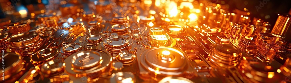Poster a stunning close-up of shimmering metallic elements reflecting light, creating a mesmerizing abstrac