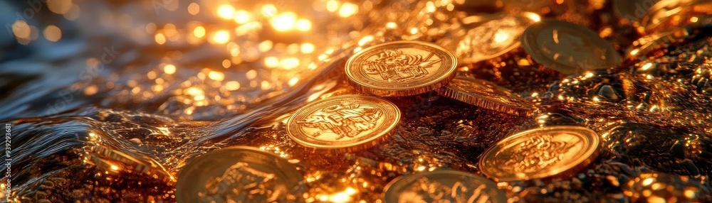 Poster shimmering coins glisten on a surface, reflecting lights, creating a mesmerizing display of wealth a