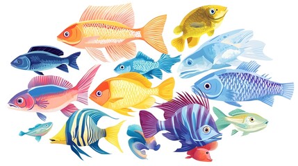 Fototapeta premium Abstract school of fish of different colors and sizes on white background, which can be used as graphic resources together and separately