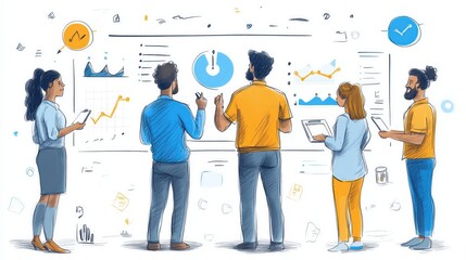 Basic sketch of a team analyzing quarterly performance results, [Data Review], [Strategic Planning], No logo, No Trademark, No text, minimal concept with copy space for stock photo