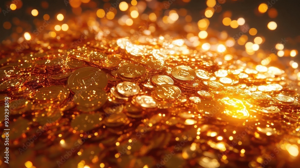Poster a close-up view of a pile of shimmering gold coins, reflecting light and creating an enchanting atmo
