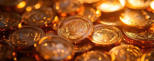 Close-up of shiny gold coins reflecting light, perfect for illustrations of wealth, currency, or finance concepts.