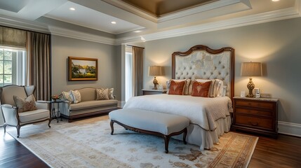 28. A luxurious master suite with a king-size bed, a sitting area, and elegant lighting