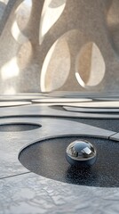 72. Contemporary 3D render showcasing intricate geometric figures and a textured ceramic circle surface