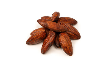 A group of caramelized almonds isolated on a white background.