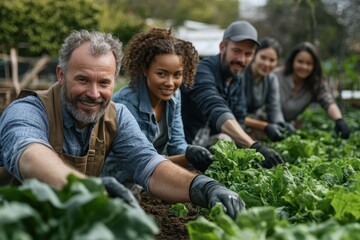 A group of volunteers of various ethnicities working together at a community garden, symbolizing collaboration and the positive impact of diversity in community initiatives.