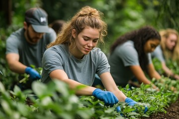 Tea Picking. Young woman, volunteers, blue gloves, picking tea leaves,