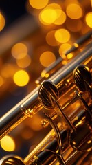 Close-up Of Saxophone With Golden Highlights And Bokeh Background At Night