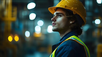 Industrial worker, yellow hard hat, high-visibility vest, blue uniform, side profile, focused expression, blurred factory background, bokeh lights, night shift, manufacturing plant, safety gear.
