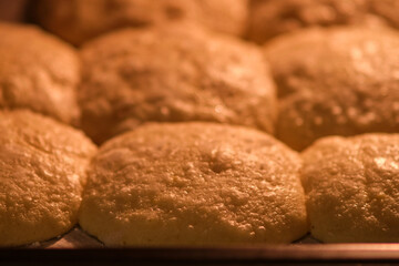 Baking dough cookies on a baking sheet in the oven. Close-up shot. Cooking and baking concept for...