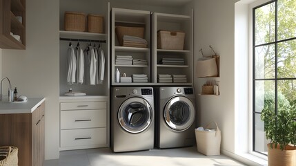 35. A functional laundry space with a stacked washer and dryer, a folding area, and ample storage
