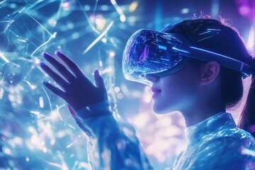 A futuristic woman wearing virtual reality glasses and touching the air with her hand, surrounded by glowing holographic elements in purple and blue tones. The concept of digital innovation