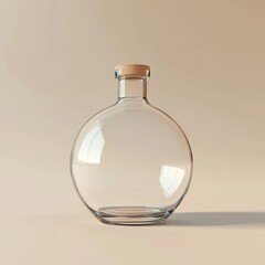Empty round glass bottle with a cork top on a light beige background.