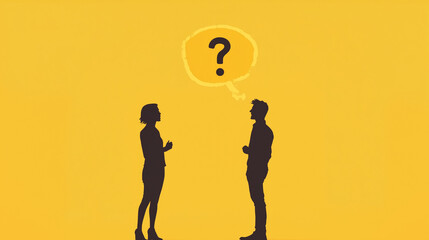 illustration of misunderstanding in communication. silhouette of woman and men with question mark on yellow background