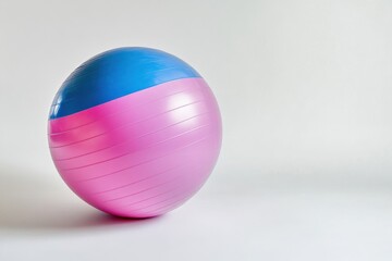 Pink and blue exercise sphere positioned solitary against a light background