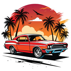 Artwork of a flat graphic design for a T-shirt featuring a car