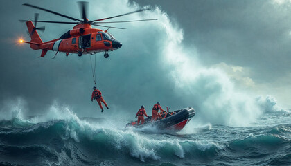 Rescue helicopter hovers over turbulent ocean, crew lowered to a lifeboat amid crashing waves, dramatic lighting.







