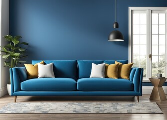 Interior of living room with blue sofa 3d rendering