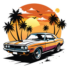 Artwork of a flat graphic design for a T-shirt featuring a car