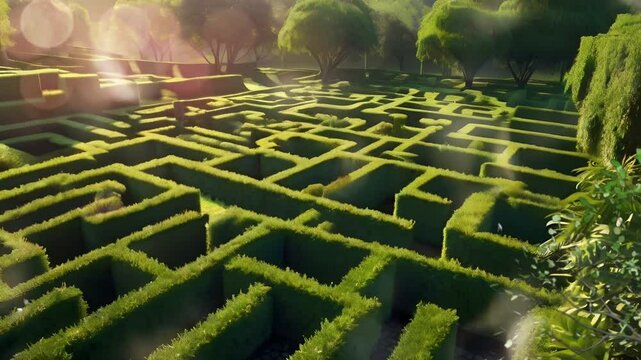 A labyrinth garden made of plants, aerial view in the morning. Seamless 4K looping timelapse video animation background
