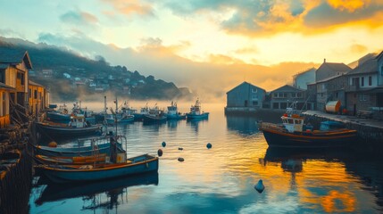 Fototapeta premium A serene harbor captured at sunset. Colorful boats line the calm water. The sky is filled with warm hues. This image conveys tranquility and natural beauty. 