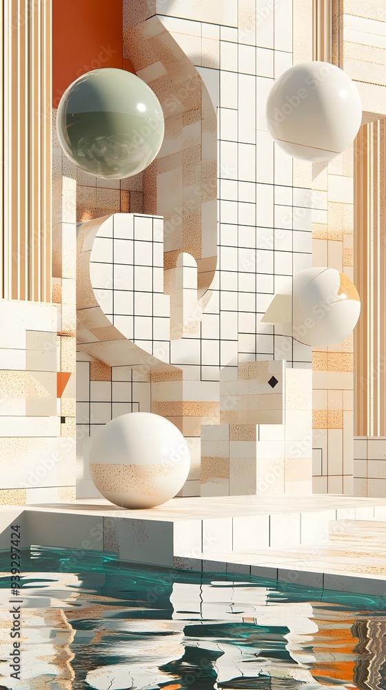 Aufkleber 69. abstract 3d render with floating geometric patterns and a polished circle ceramic surface