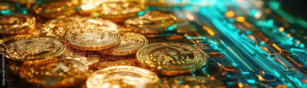 Poster close-up view of shining gold coins resting on a colorful surface, highlighting their value and intr