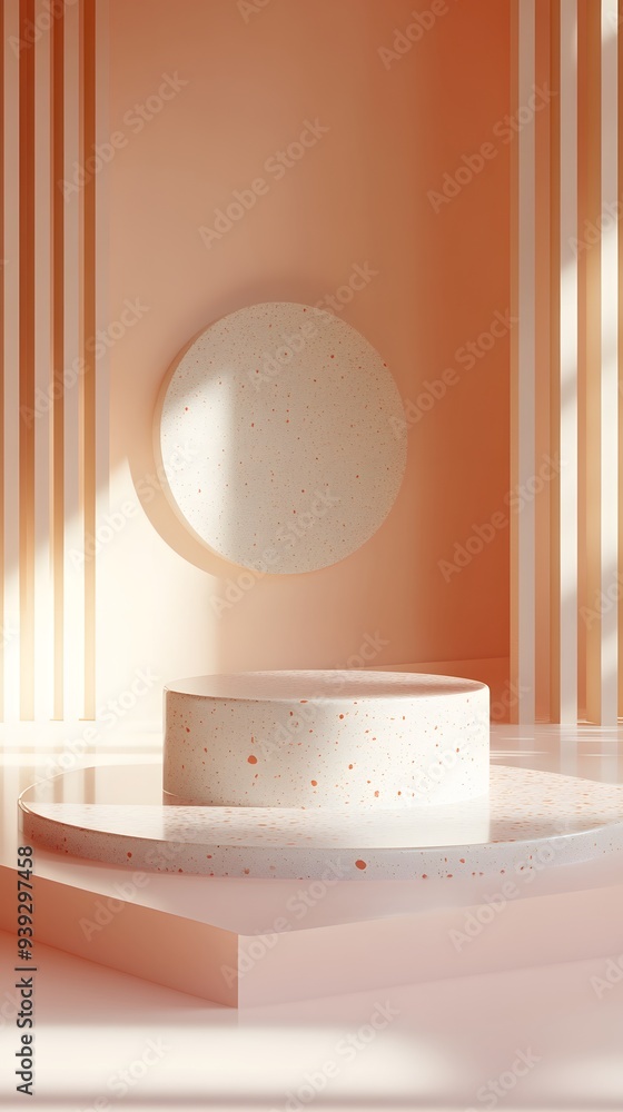 Poster 69. abstract 3d render with floating geometric patterns and a polished circle ceramic surface