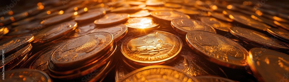 Poster a close-up view of shiny coins reflecting warm light, creating a rich texture and inviting detail fo