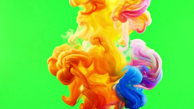 Rainbow smoke effect. Colorful smoke splash animation effect frame overlay isolated on green screen background. colorful rainbow smoke powder explosion fluid ink particles slow motion.