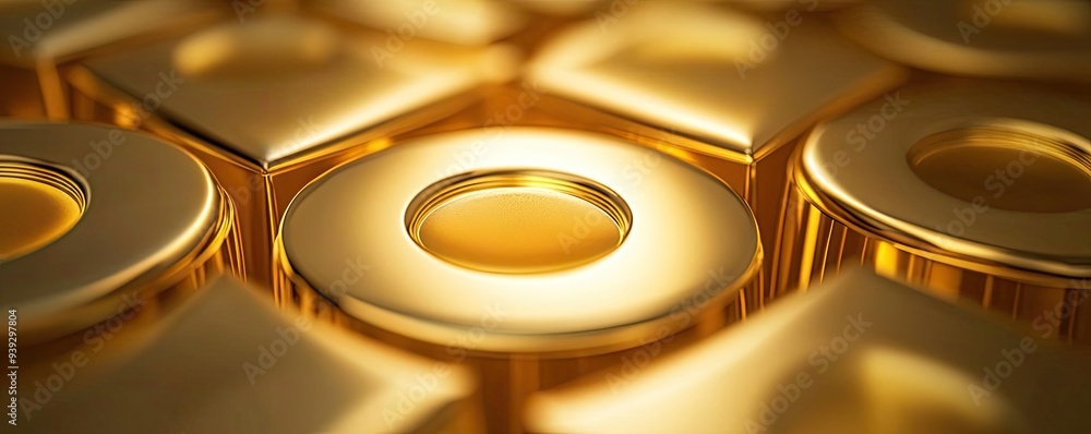 Poster close-up of shiny golden circular patterns creating a luxurious and modern aesthetic, ideal for use 