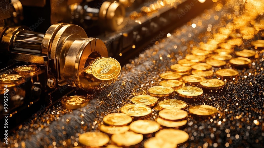 Poster shiny gold coins emitted from a classic coin machine, creating a dazzling display of wealth and pros