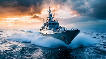 Naklejka premium A navy ship cuts through the water with a beautiful sky in the background.