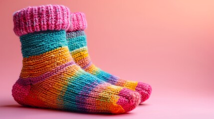 Colorful knitted socks in vibrant shades of pink, blue, orange, and yellow, displayed against a soft pink background.