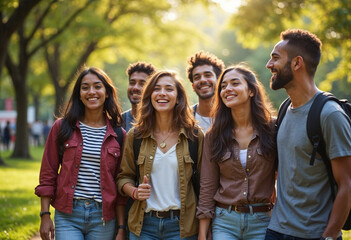 Fototapeta premium International students posing joyfully in a park with city background, natural light, space for text.